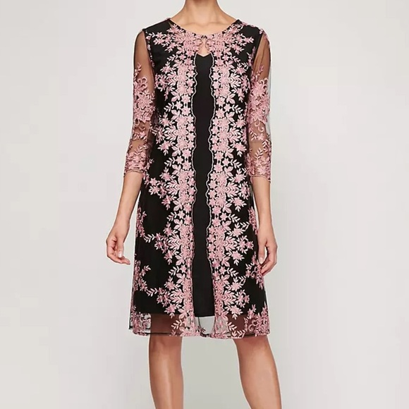 Alex evenings Jersey Midi Dress and Sheer Attached Jacket CORAL/BLACK size 18 - Picture 1 of 11